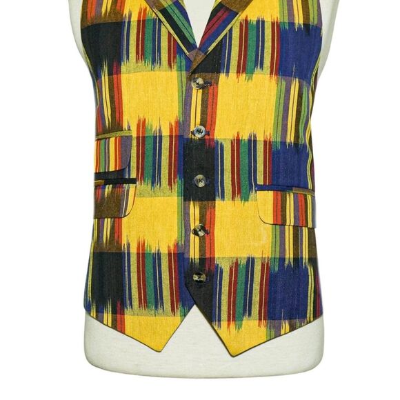Mens Vest 46R Ikat Plaid Multicolor Cotton Waistcoat Western Preppy Casual Party - Picture 4 of 8